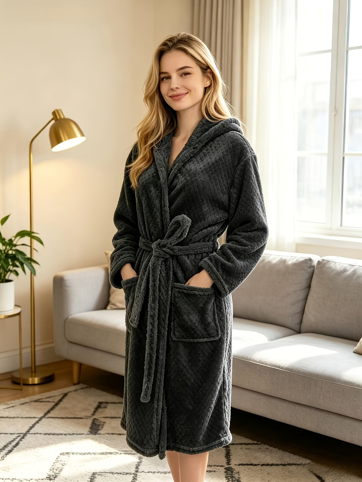Women's grey hooded flannel bathrobe