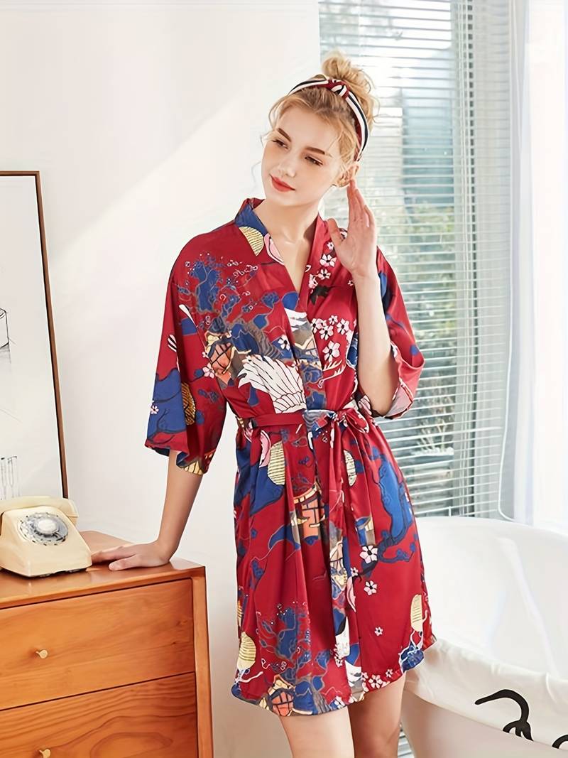 Women's pink floral satin kimono robe