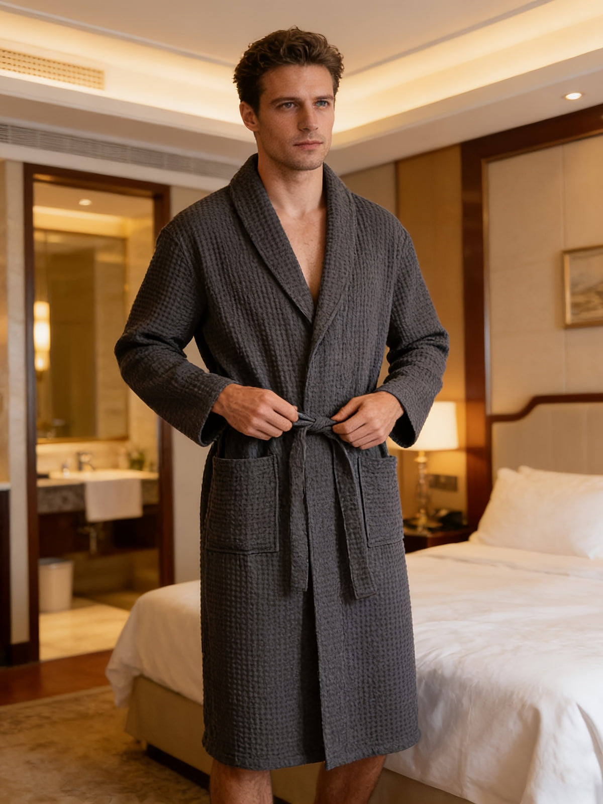 Men's plus size cotton gauze waffle bathrobe