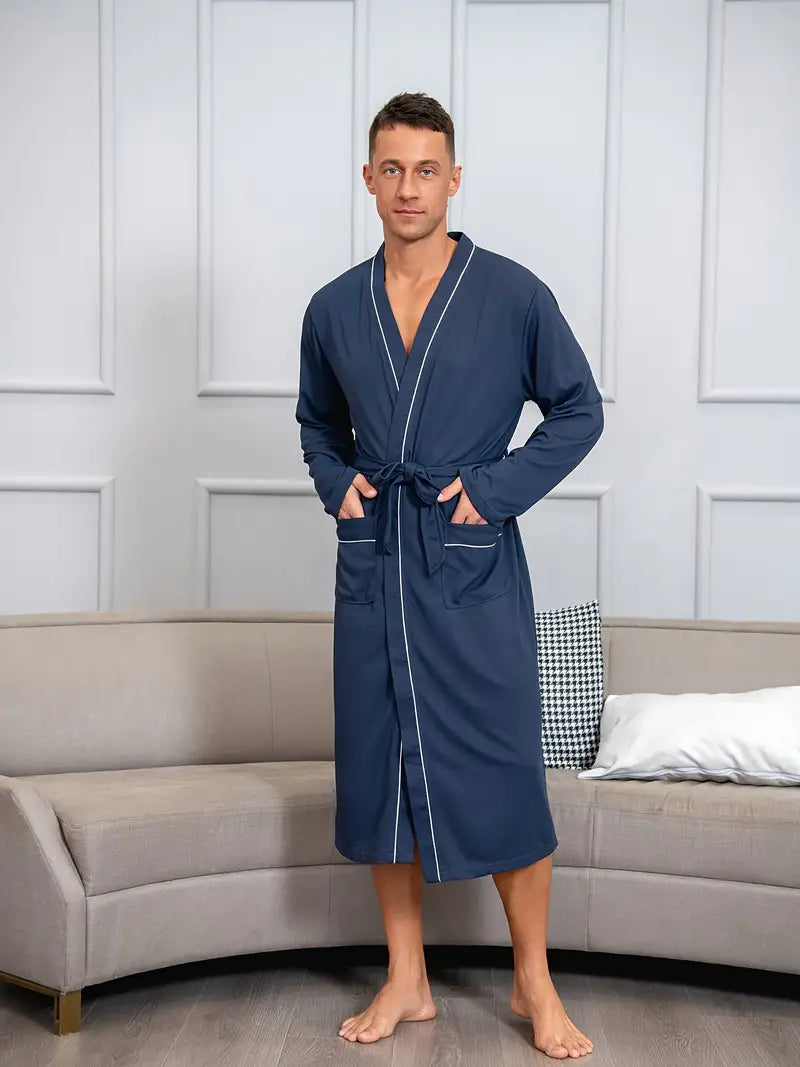 Men's long bathrobe with pockets, plus size