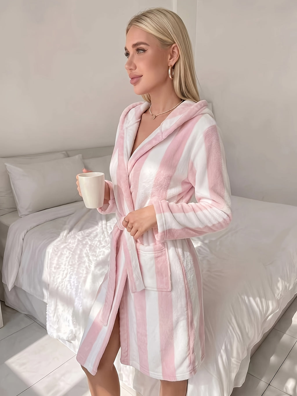 Women's pink striped hooded plush dressing gown