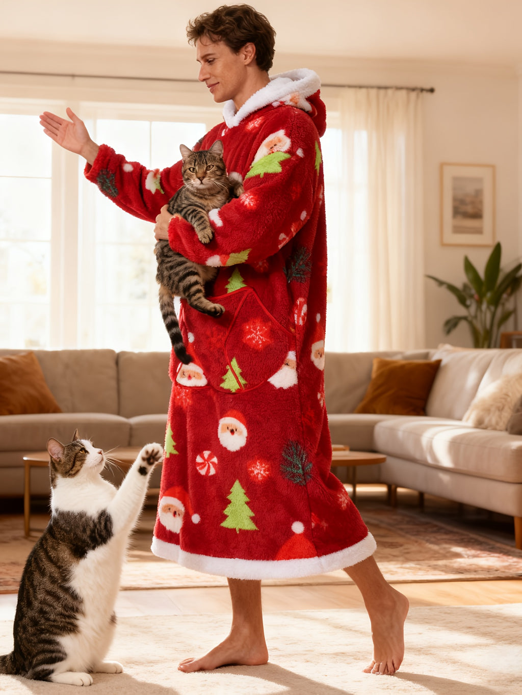Women's red Christmas hooded fleece dressing gown