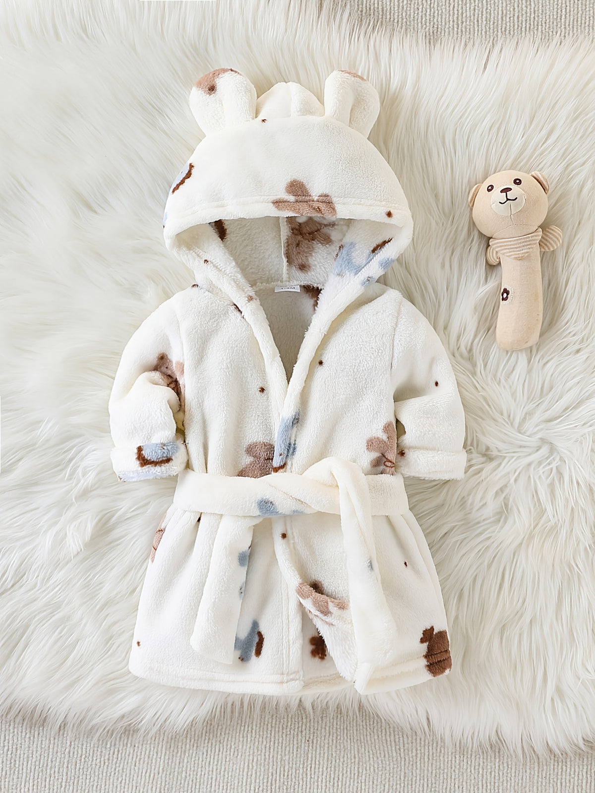 Baby cream long hooded fluffy fleece dressing gown