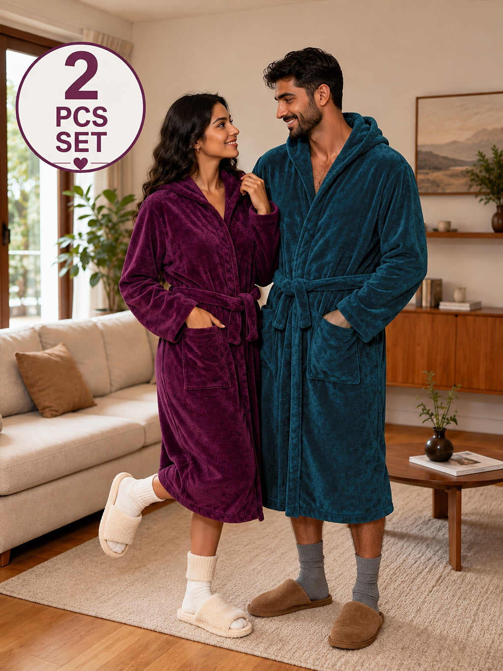 Unisex long hooded fleece bathrobe