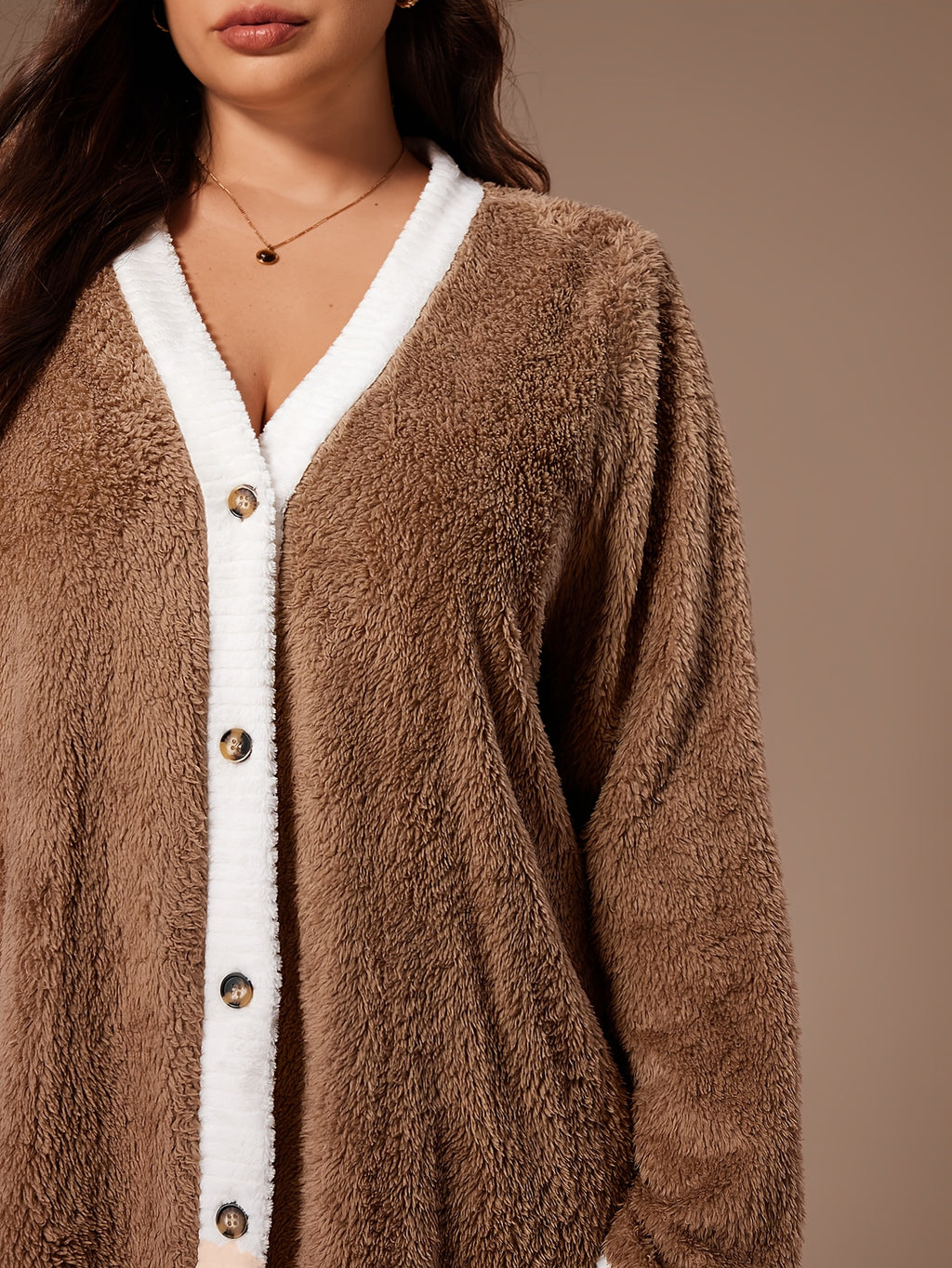 Women's plus size brown button-up fleece dressing gown