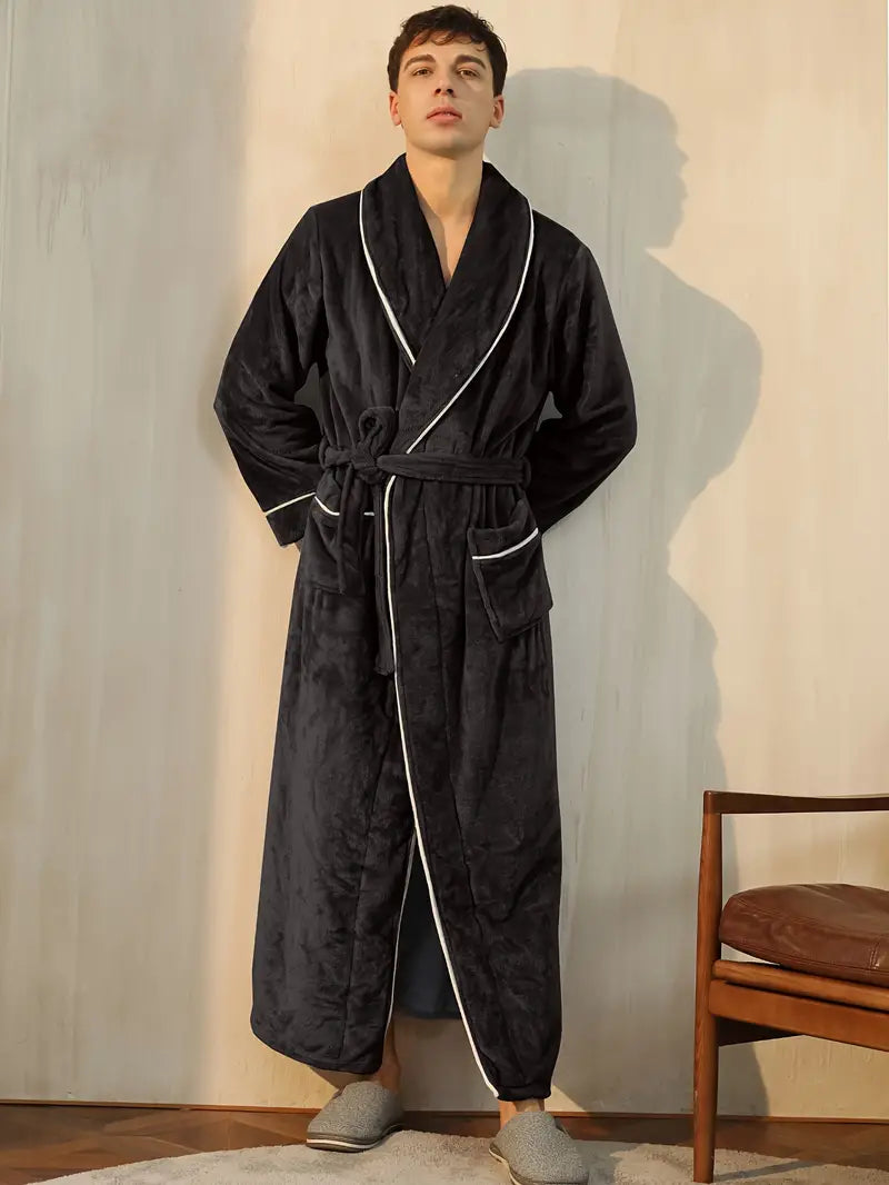Men's long thick towelling bathrobe — Black