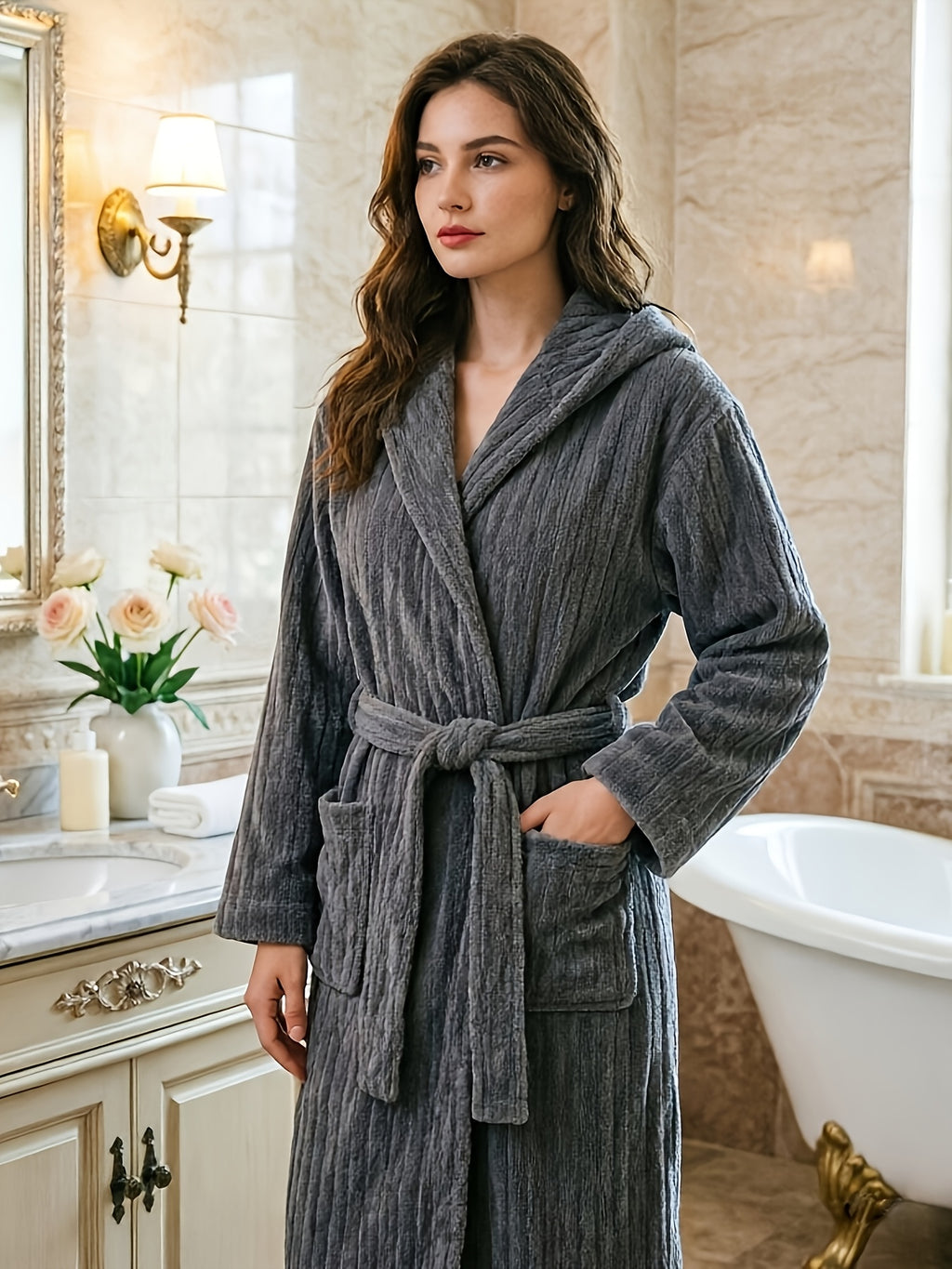 Unisex hooded ribbed bathrobe