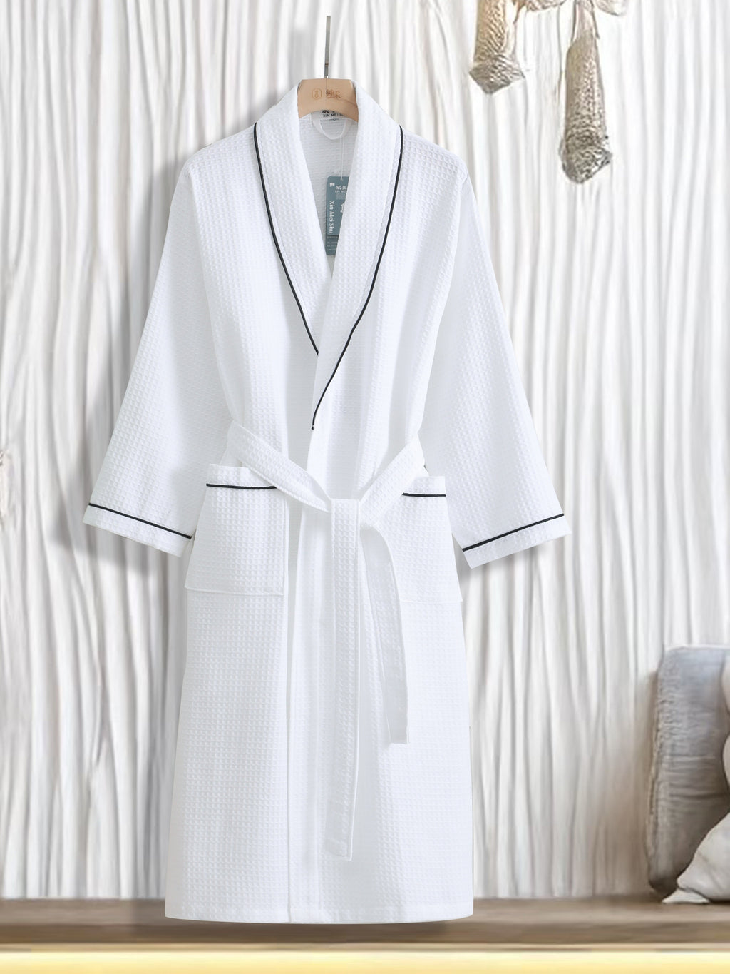 Unisex white tartan waffle bathrobe