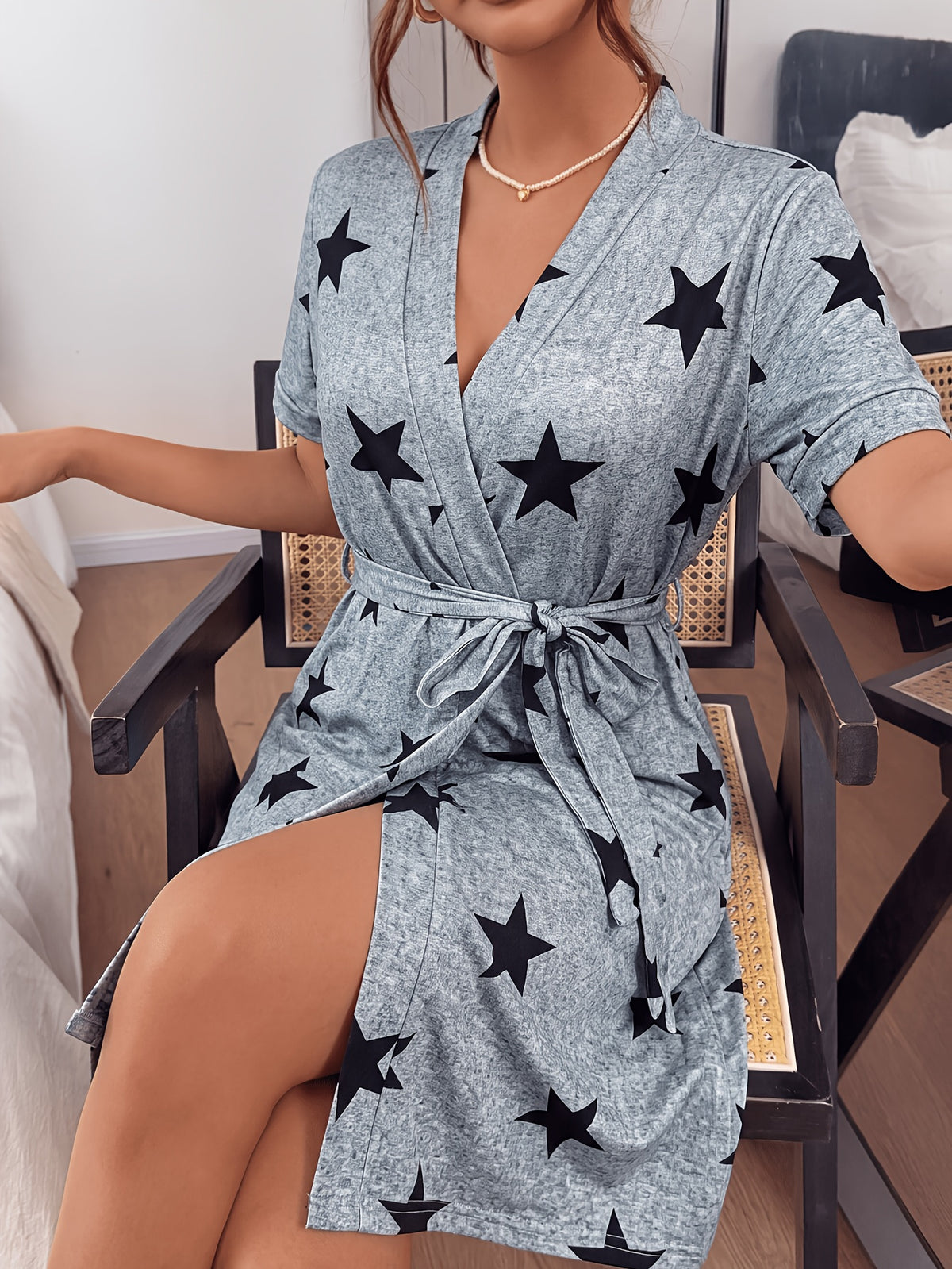 Women's grey star print dressing gown