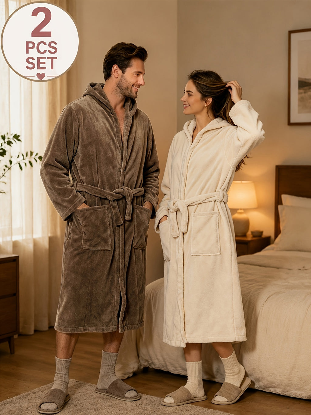 Unisex long hooded fleece bathrobe