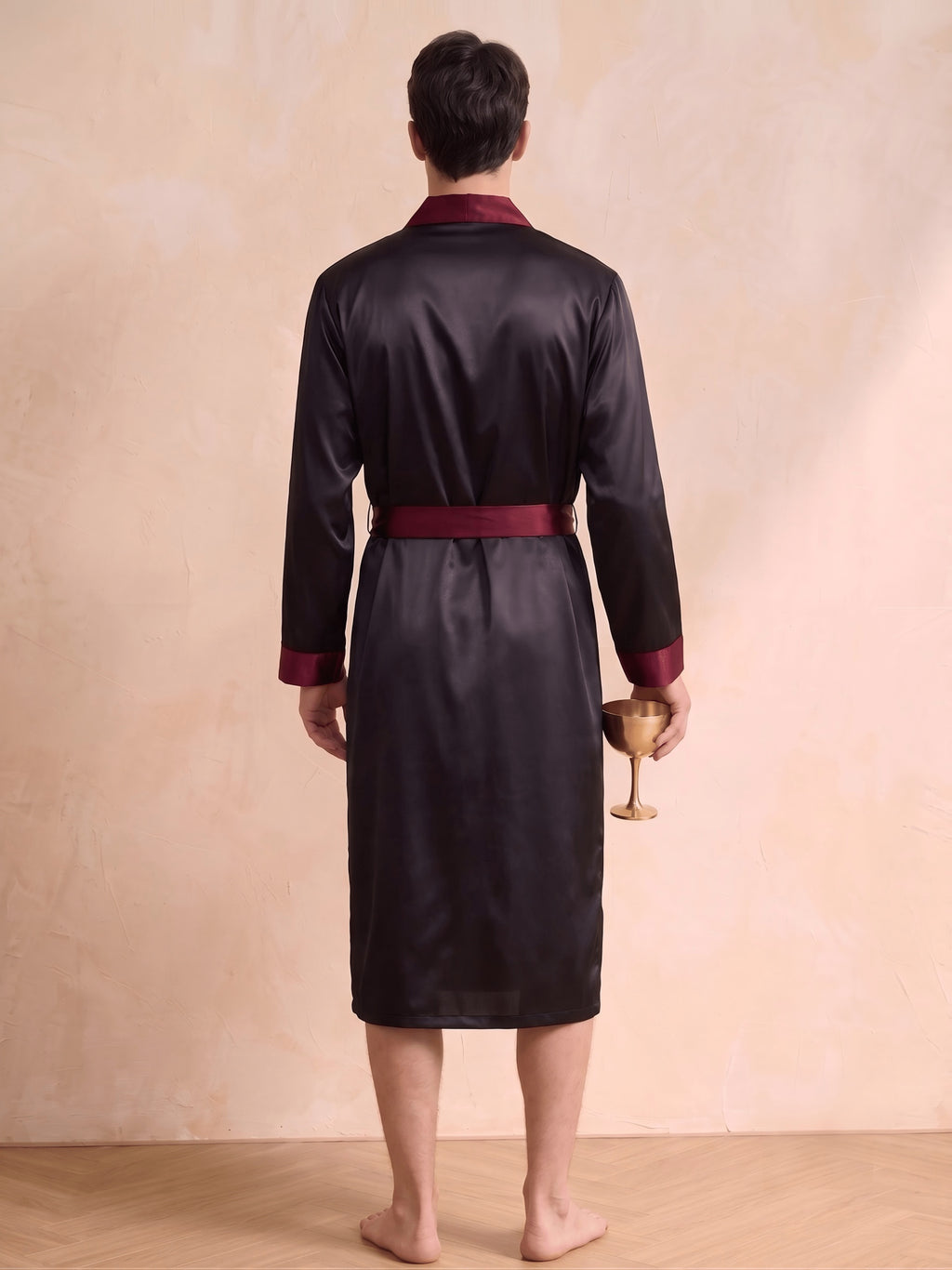 Men's black satin dressing gown with contrast trim