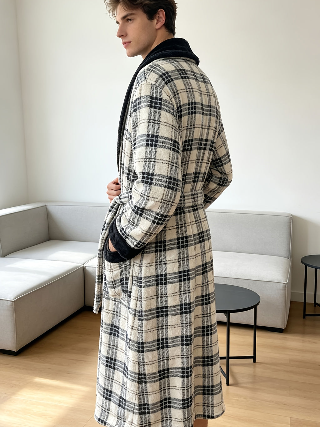 Men's red plaid coral fleece dressing gown