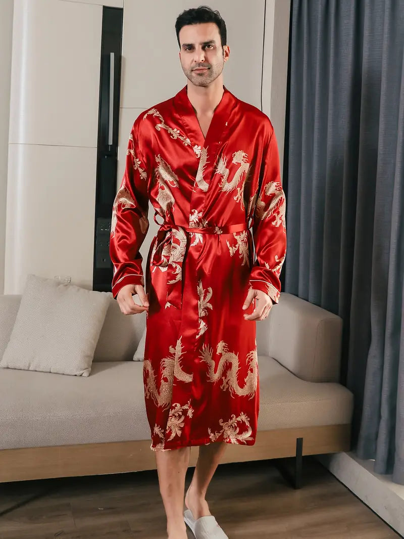 Peignoir Luxueux et Doux avec Motif de Dragon — coloris rouge