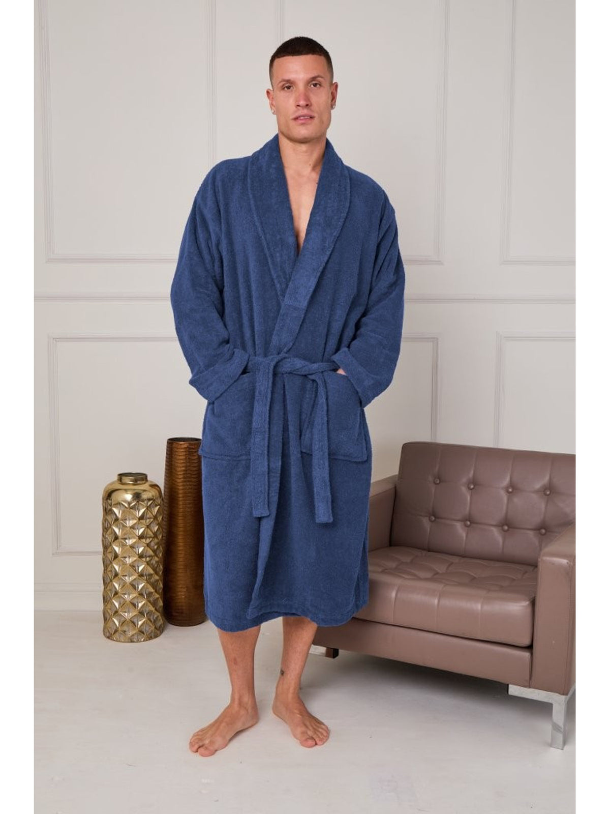 Unisex cotton bathrobe with a shawl collar