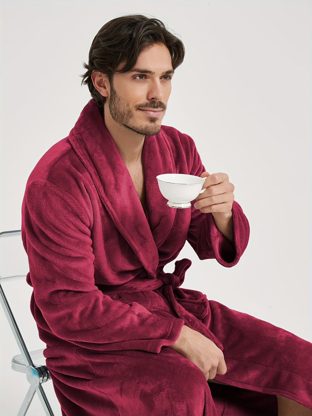 Men's long shawl collar towelling bathrobe