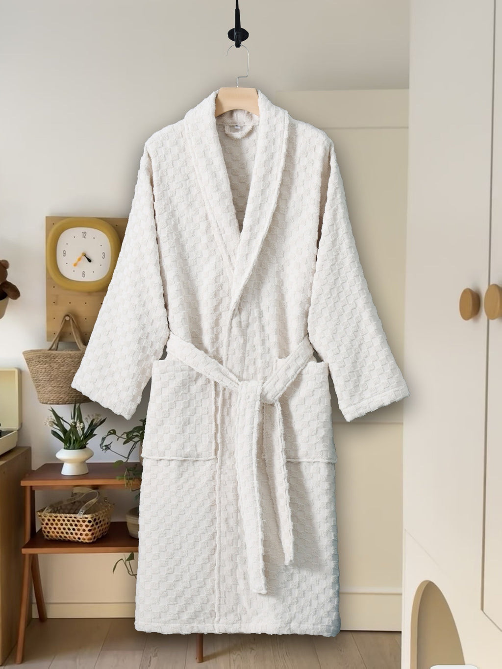 Unisex red tartan towelling bathrobe