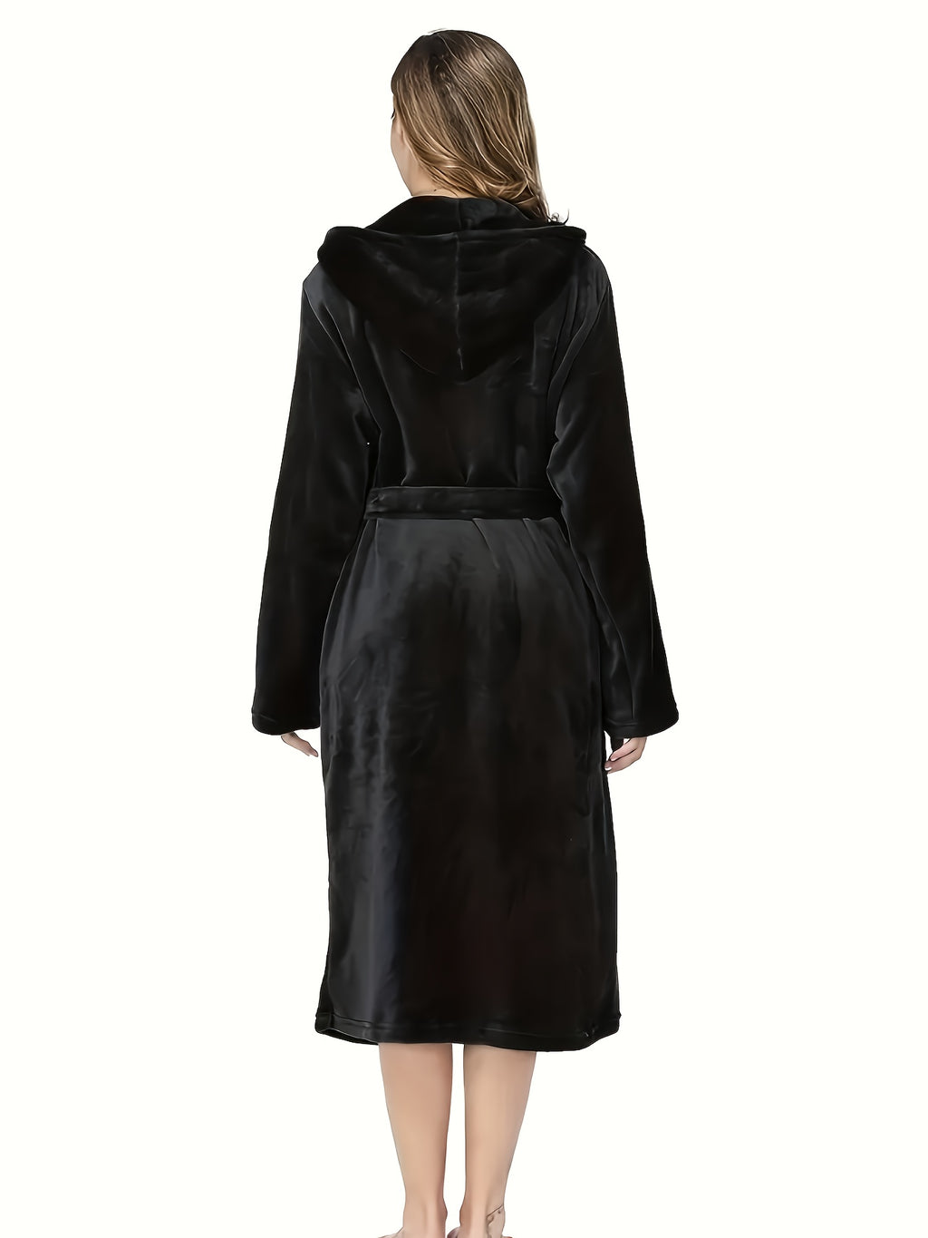 Women's long hooded flannel bathrobe