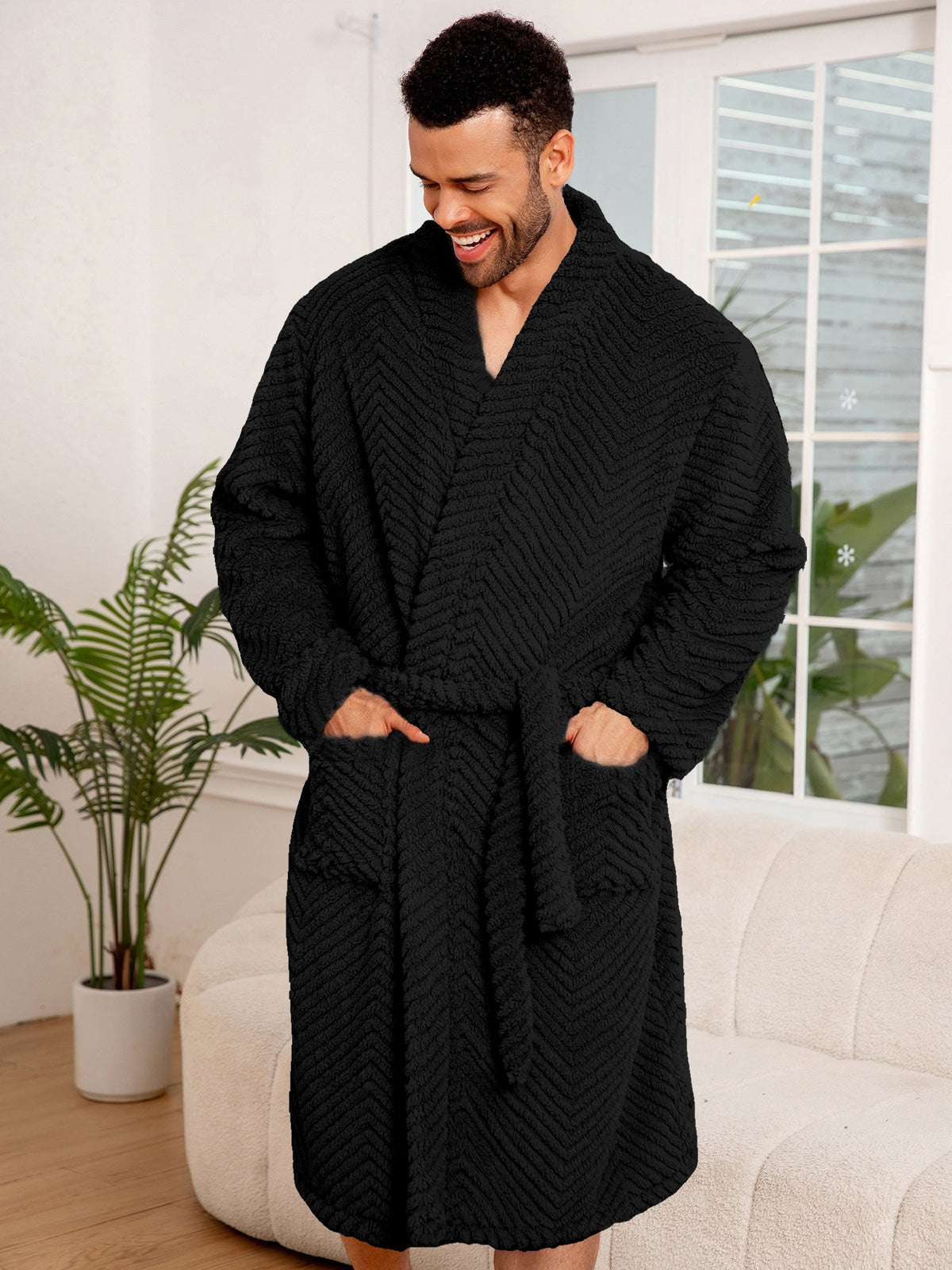 Men's long fleece bathrobe