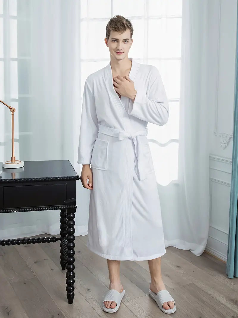 Men's long cotton towel robe — White