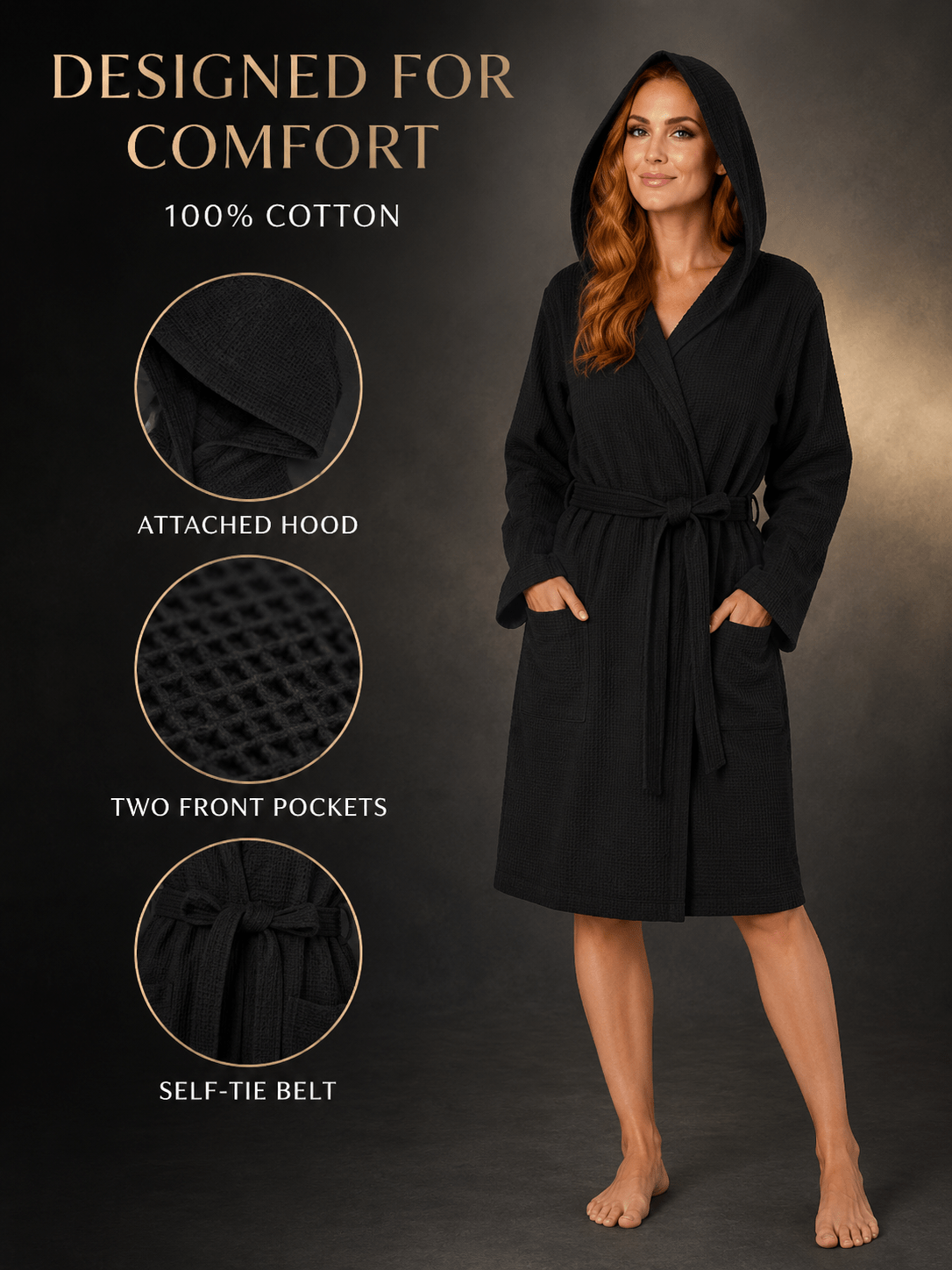 Women's hooded waffle bathrobe