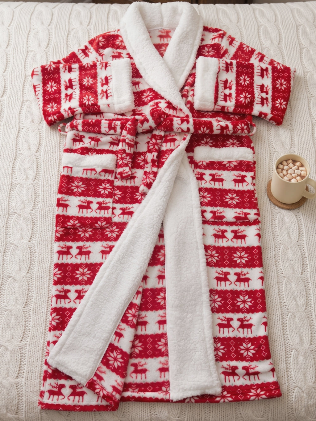 Women's red Fair Isle reindeer print fleece dressing gown