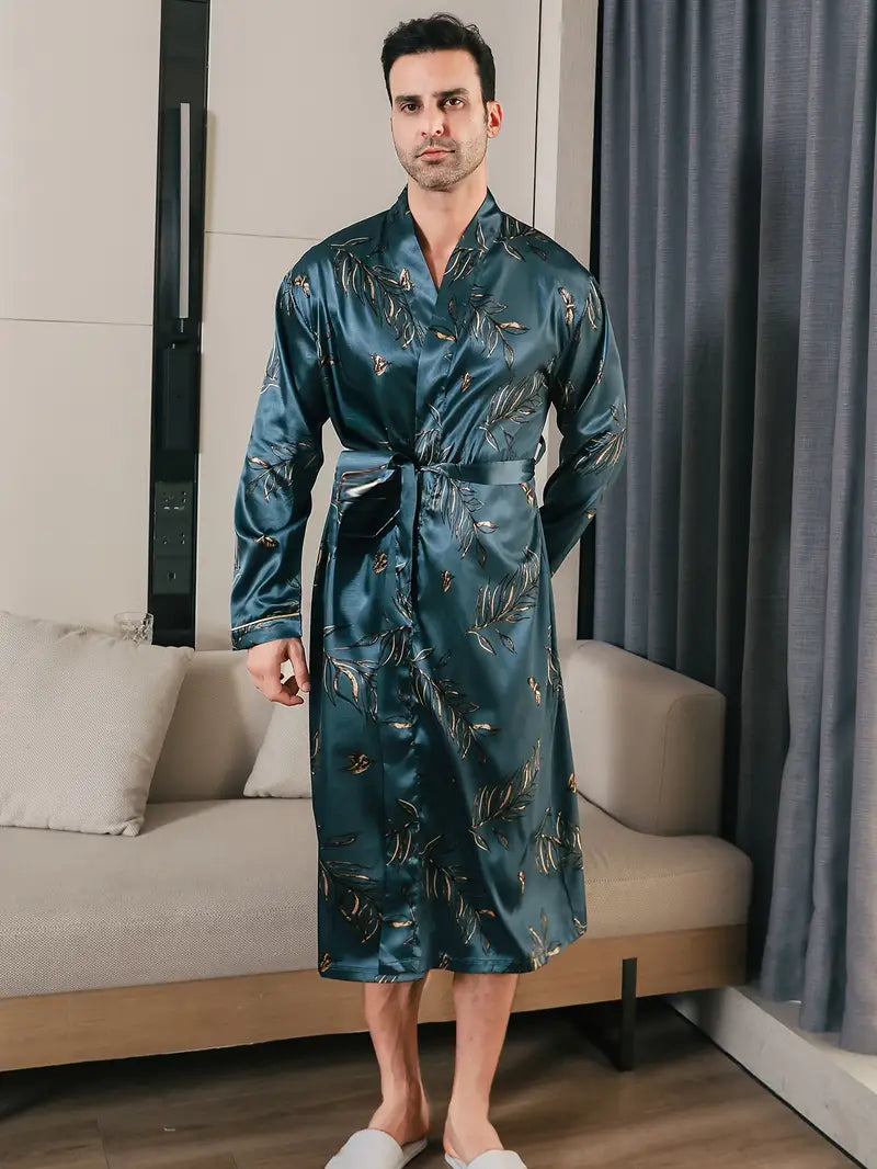 Men's long green satin bathrobe