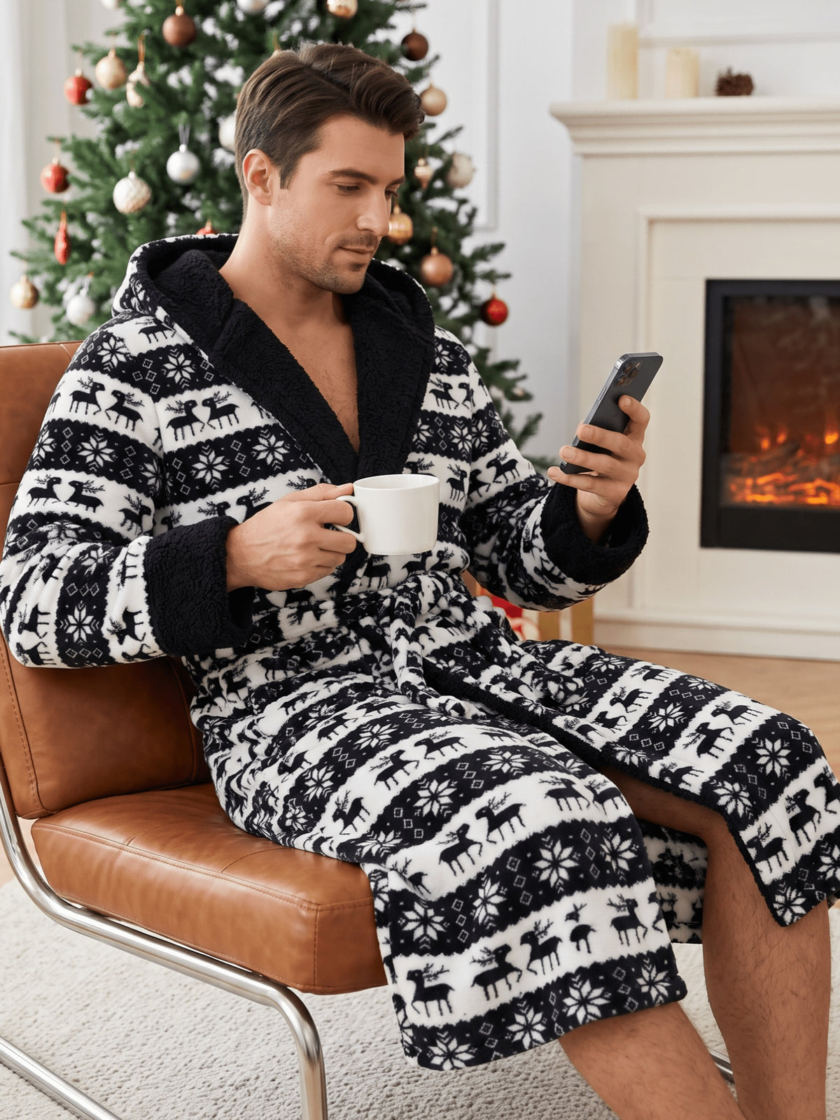 Men's black Fair Isle hooded Christmas dressing gown