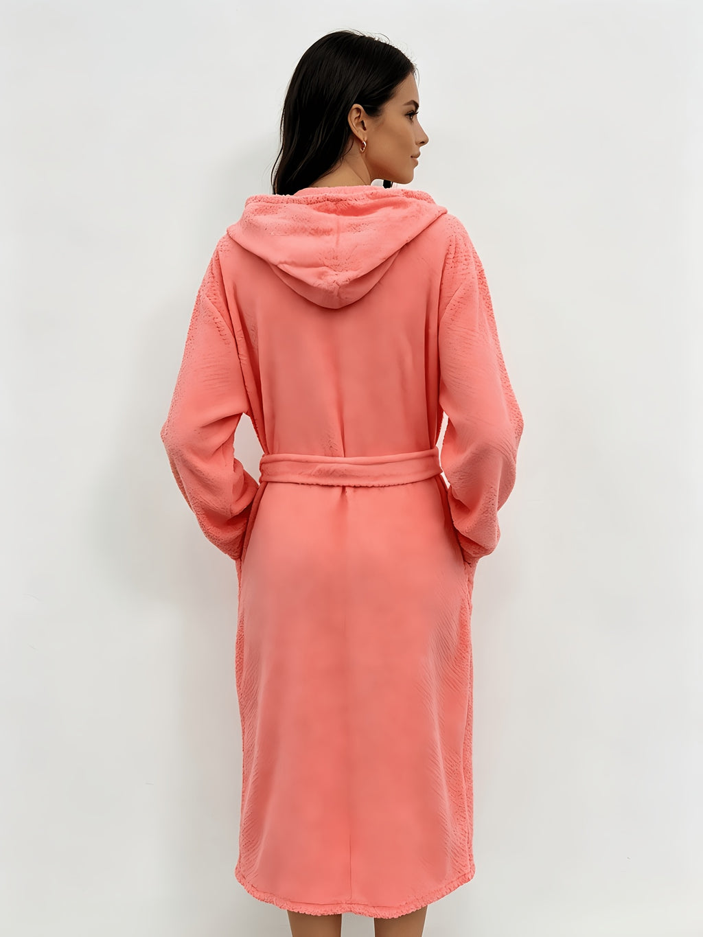 Red hooded tartan fleece bathrobe