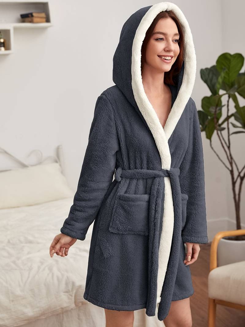 Women's short warm hooded towelling bathrobe