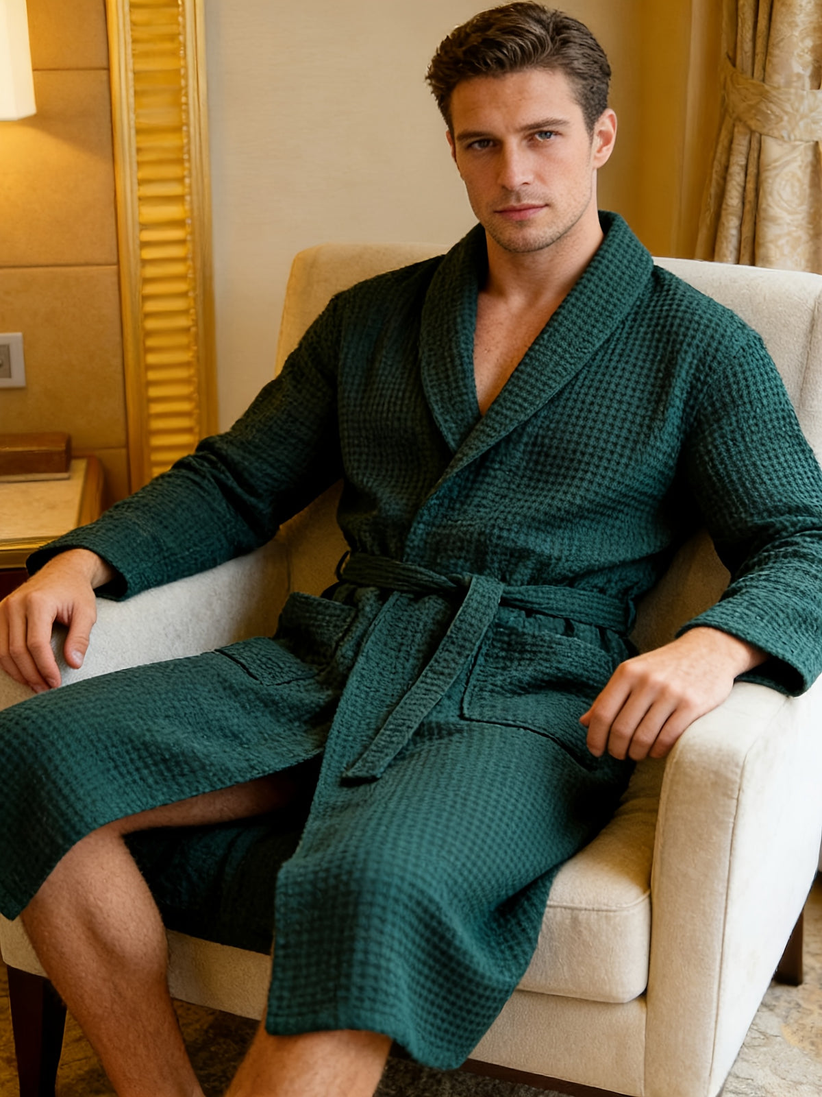 Men's plus size cotton gauze waffle bathrobe