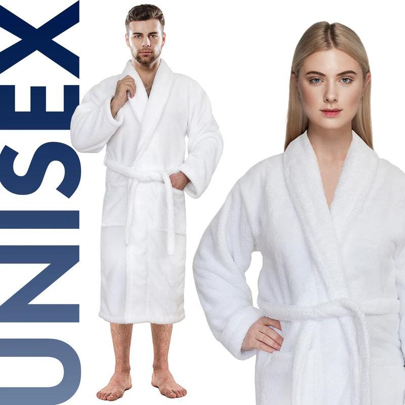 Unisex white hooded terry towelling bathrobe