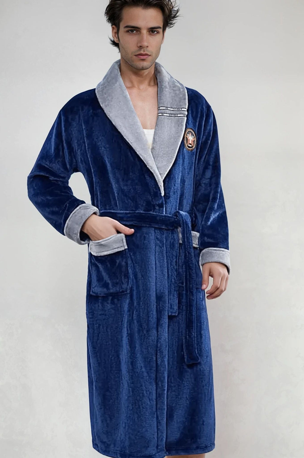 Men's fleece bathrobe, grey and blue — Navy