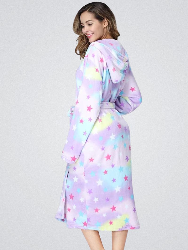 Women's star print hooded fleece bathrobe