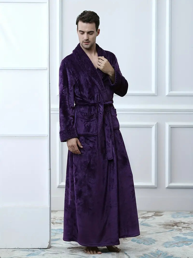 Men's long thick fleece bathrobe, luxury
