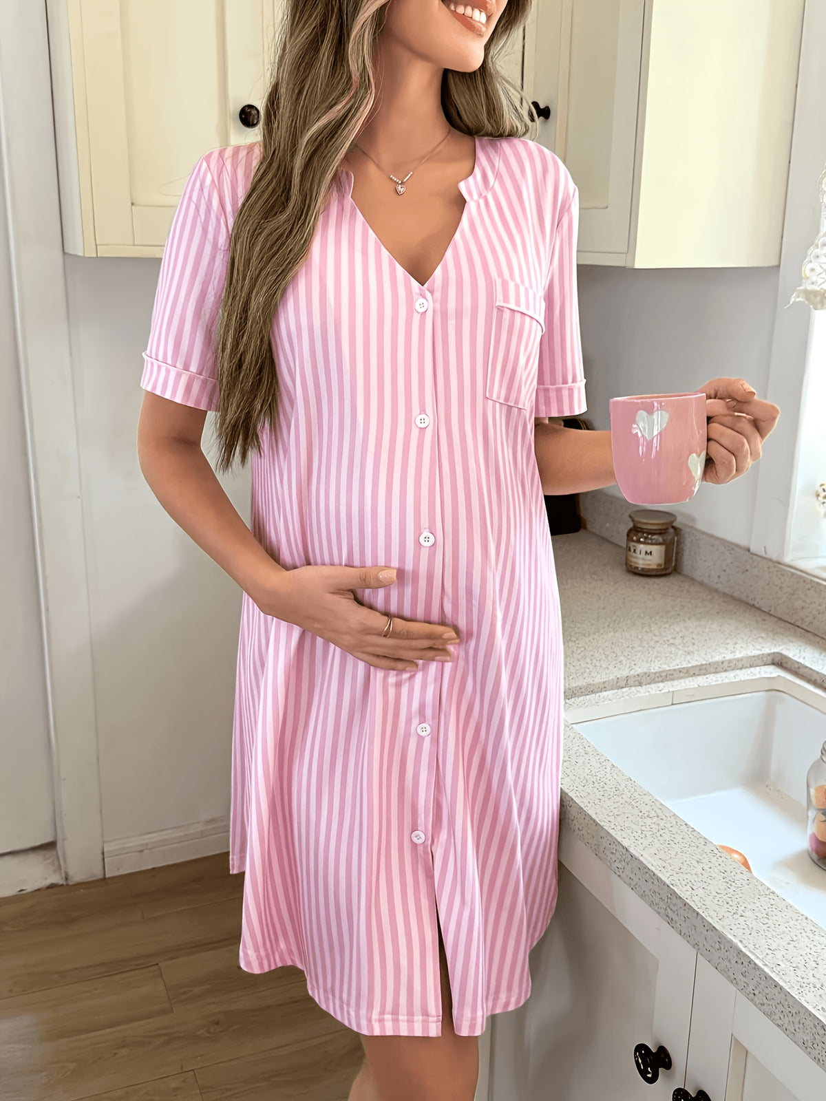 Women's striped button-up maternity nightdress