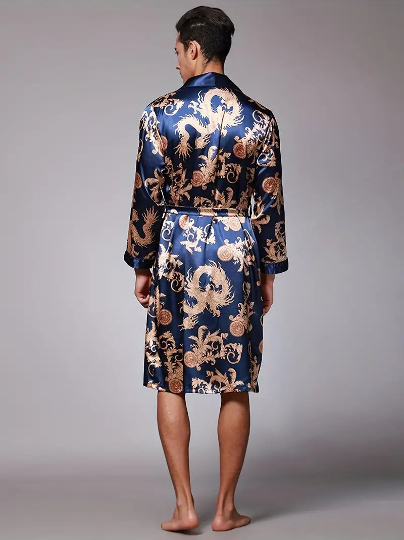 Men's blue dragon print kimono robe, plus size
