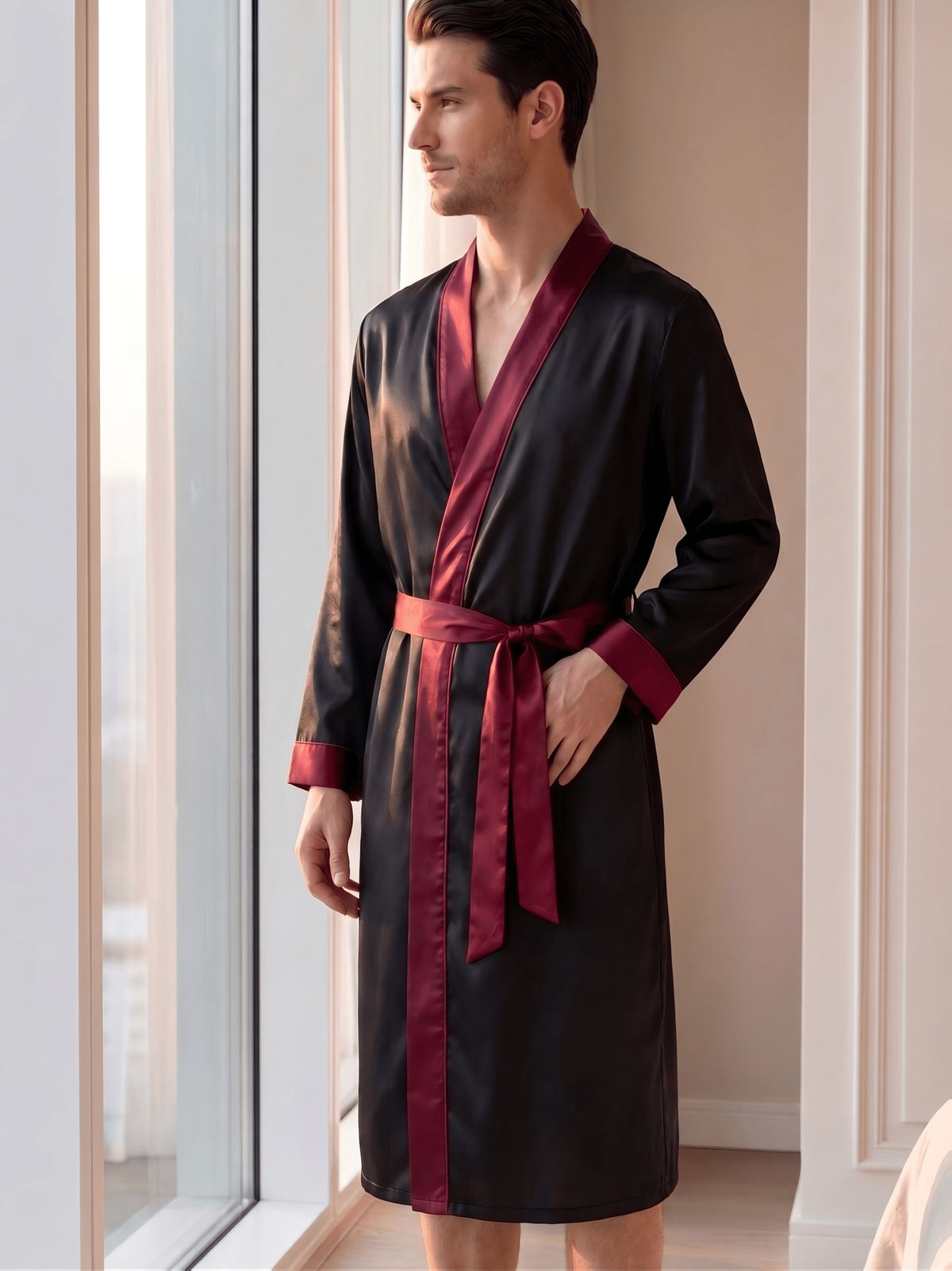 Men's black satin dressing gown with contrast trim