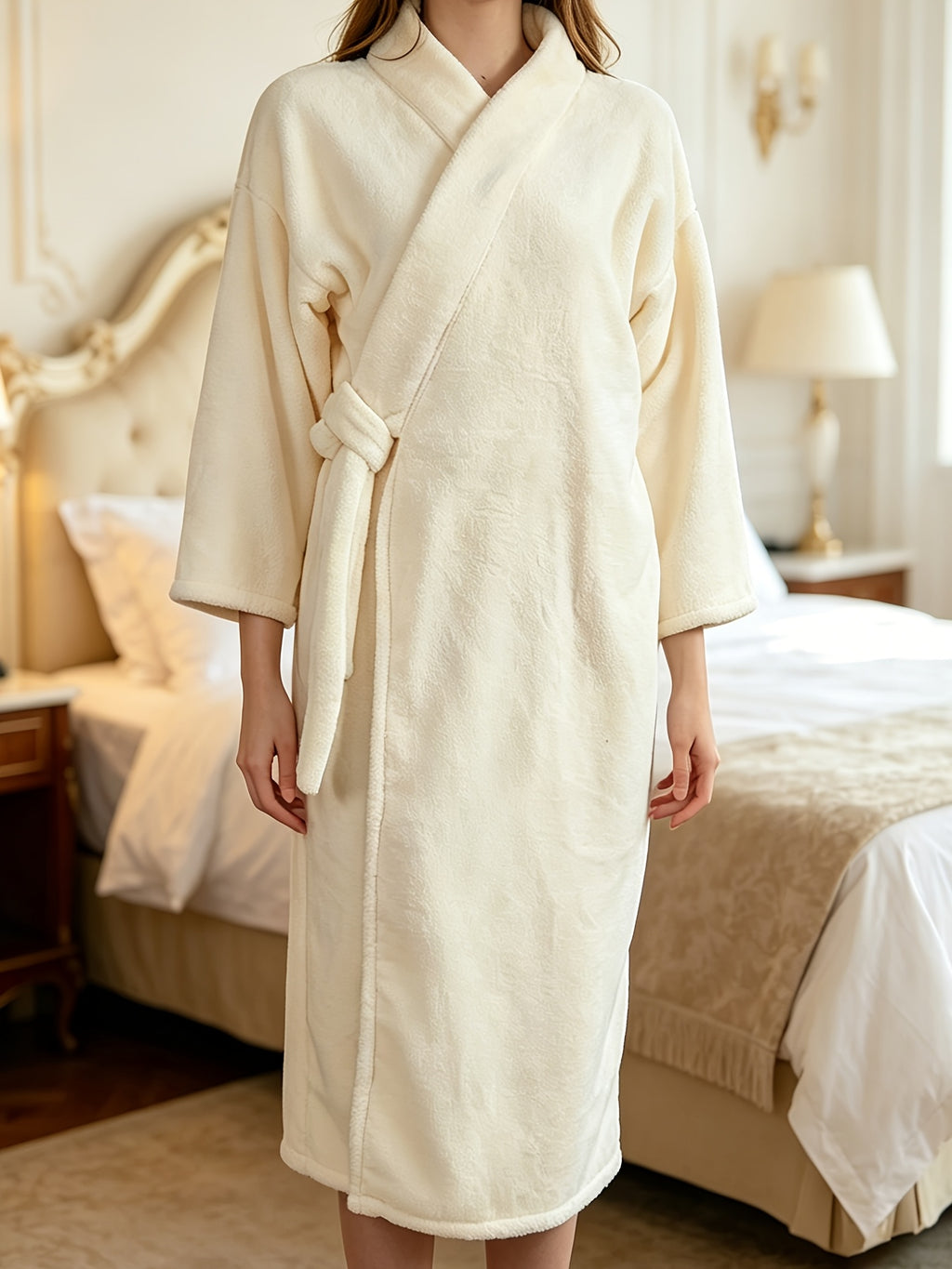 Women's hooded fleece bathrobe