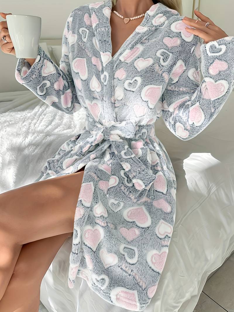 Women's heart print fleece bathrobe, plus size