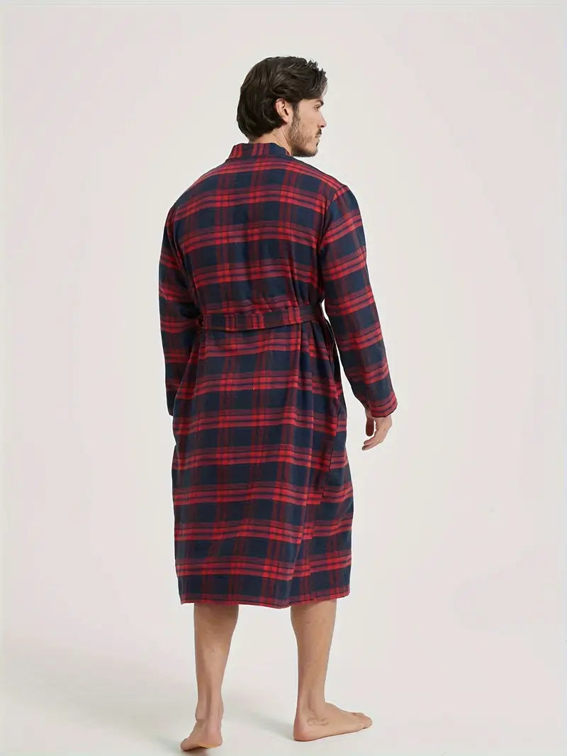 Men's long checked cotton dressing gown
