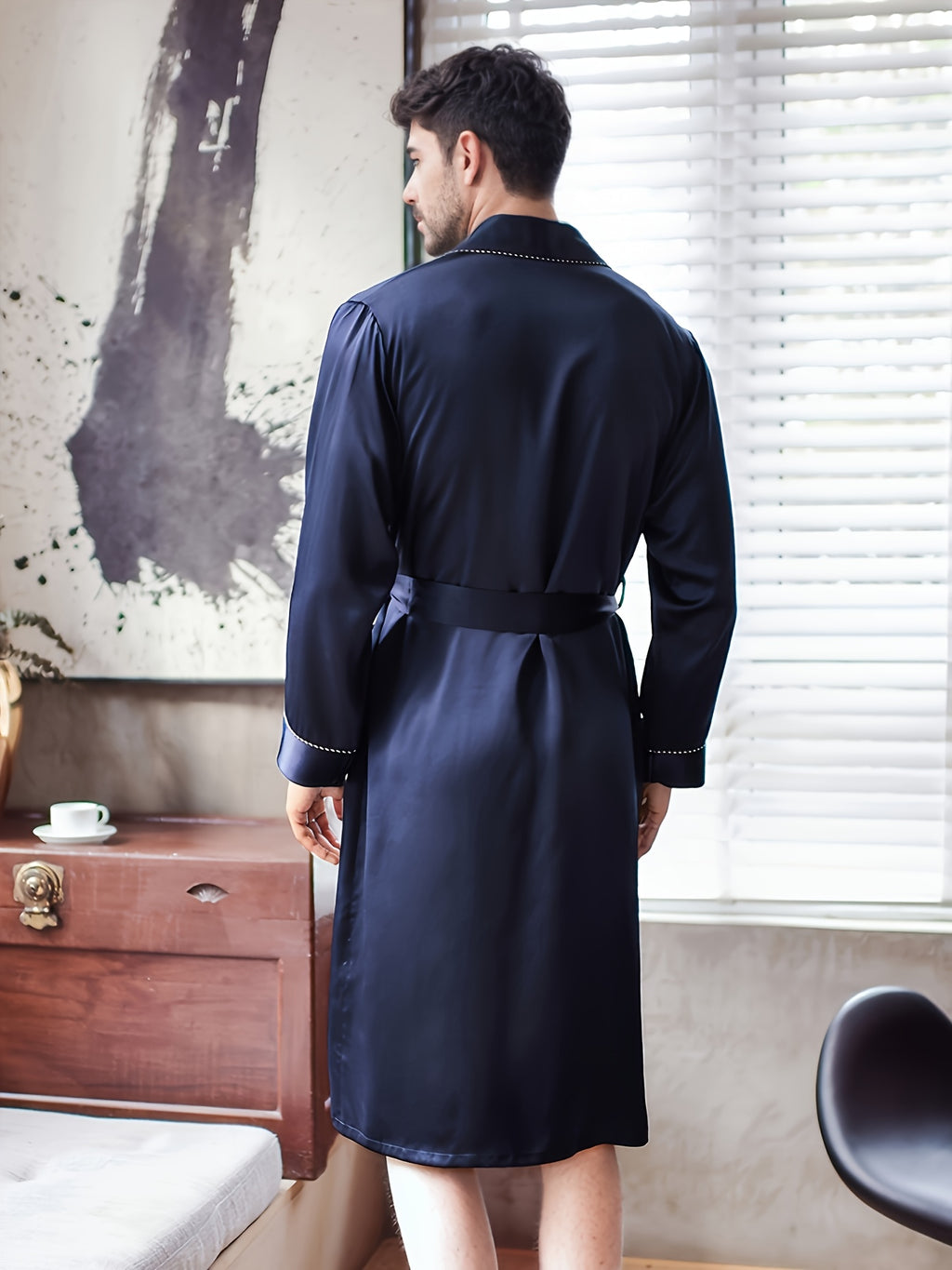 Men's navy mulberry silk dressing gown