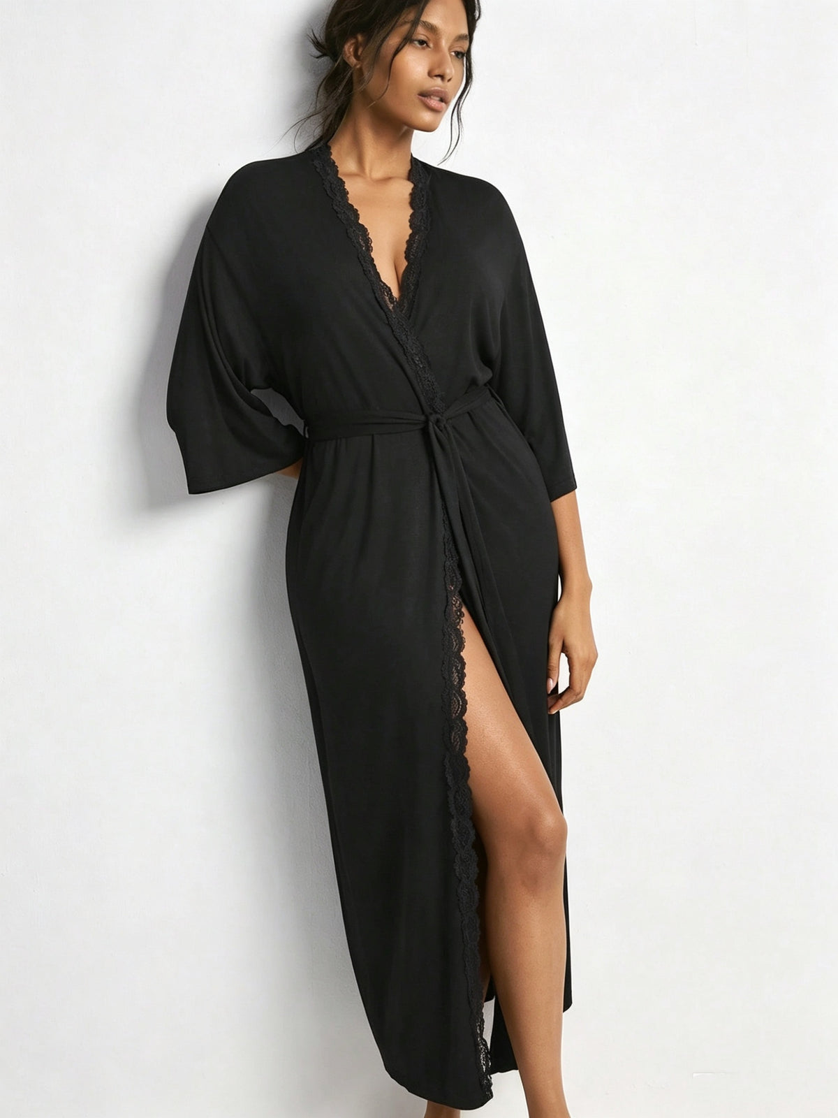 Women's black modal lace dressing gown