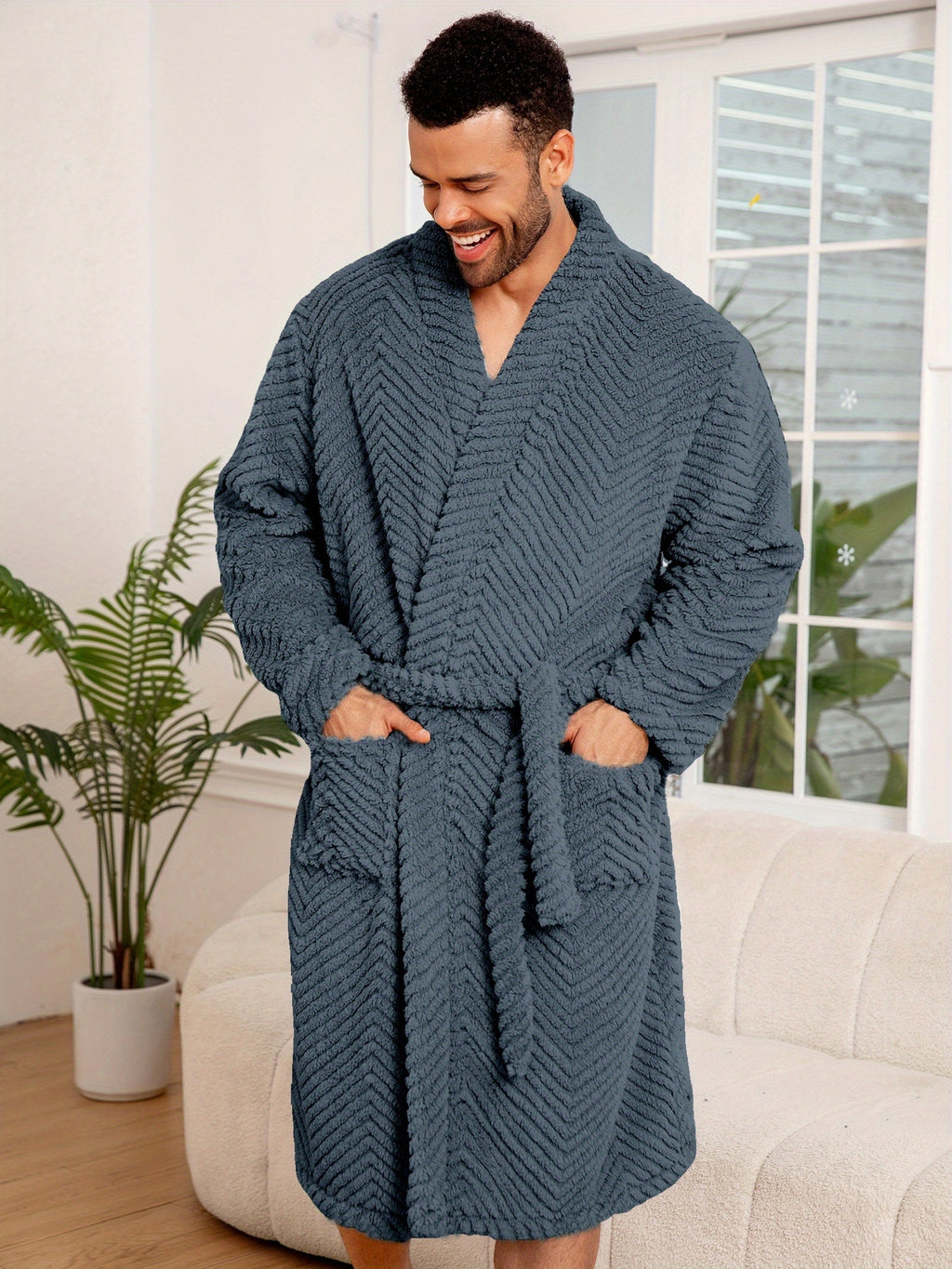 Men's long fleece bathrobe