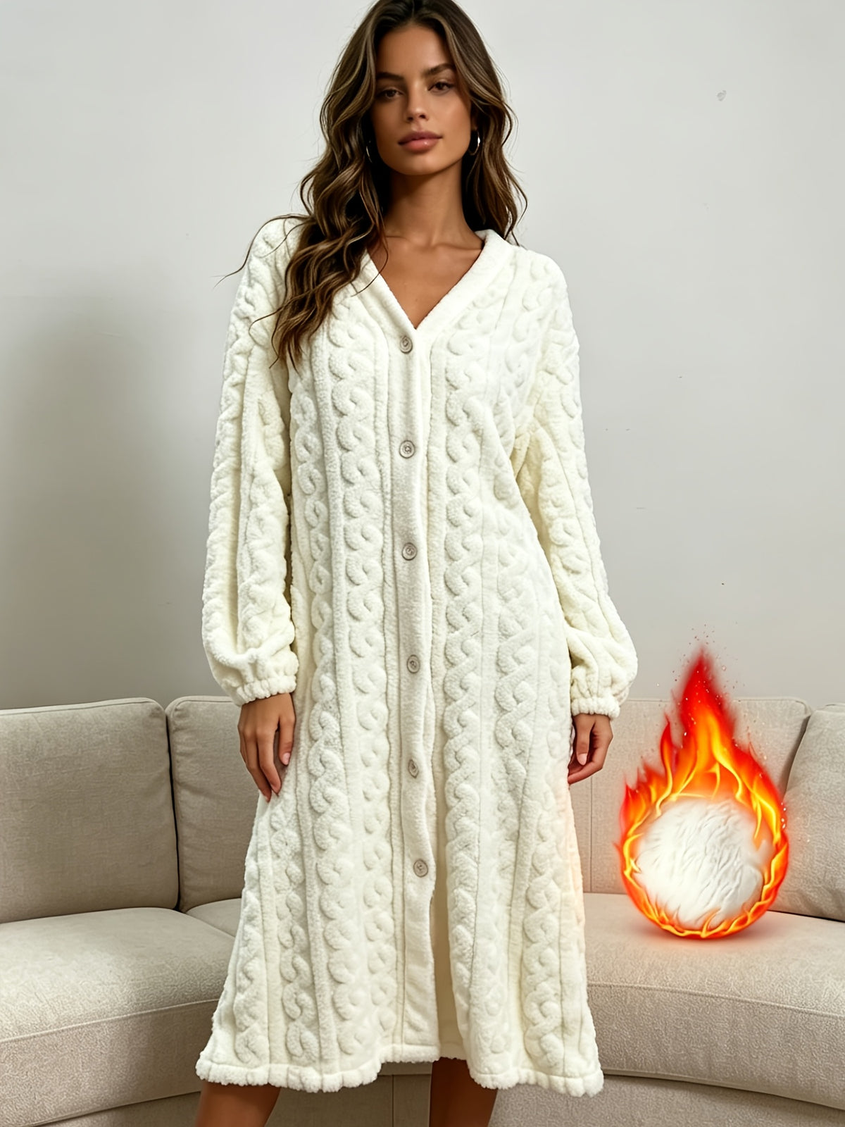 Women's cream cable knit button-up dressing gown