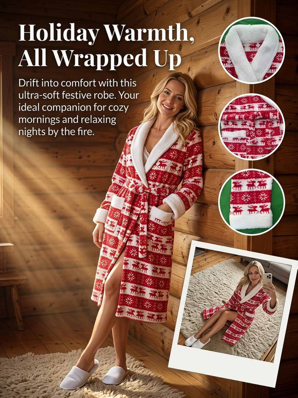 Women's red Fair Isle reindeer print fleece dressing gown