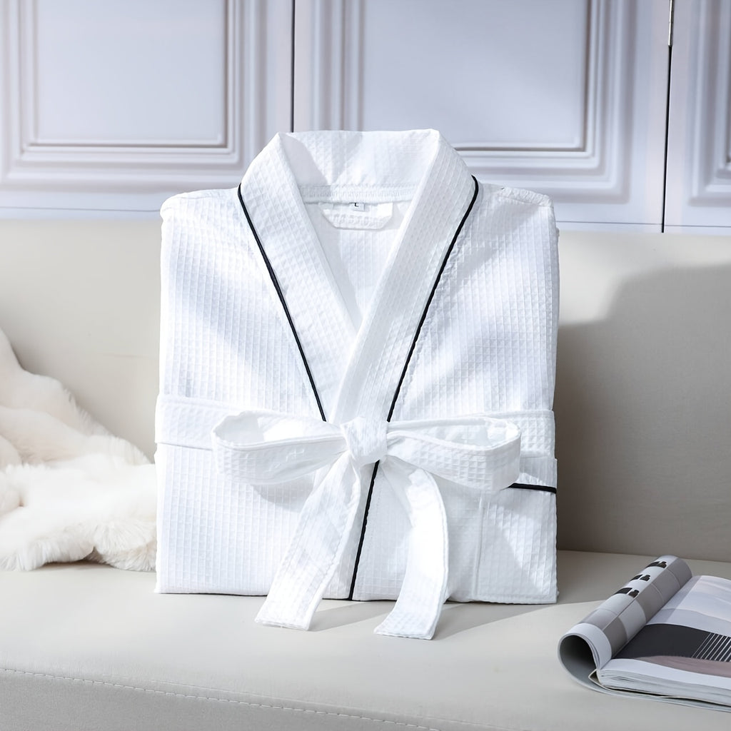 Unisex white long waffle bathrobe with pockets