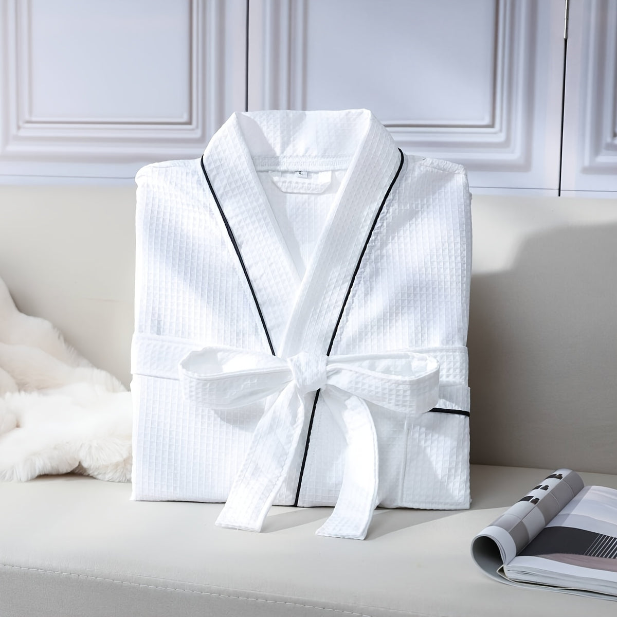 Unisex white long waffle bathrobe with pockets
