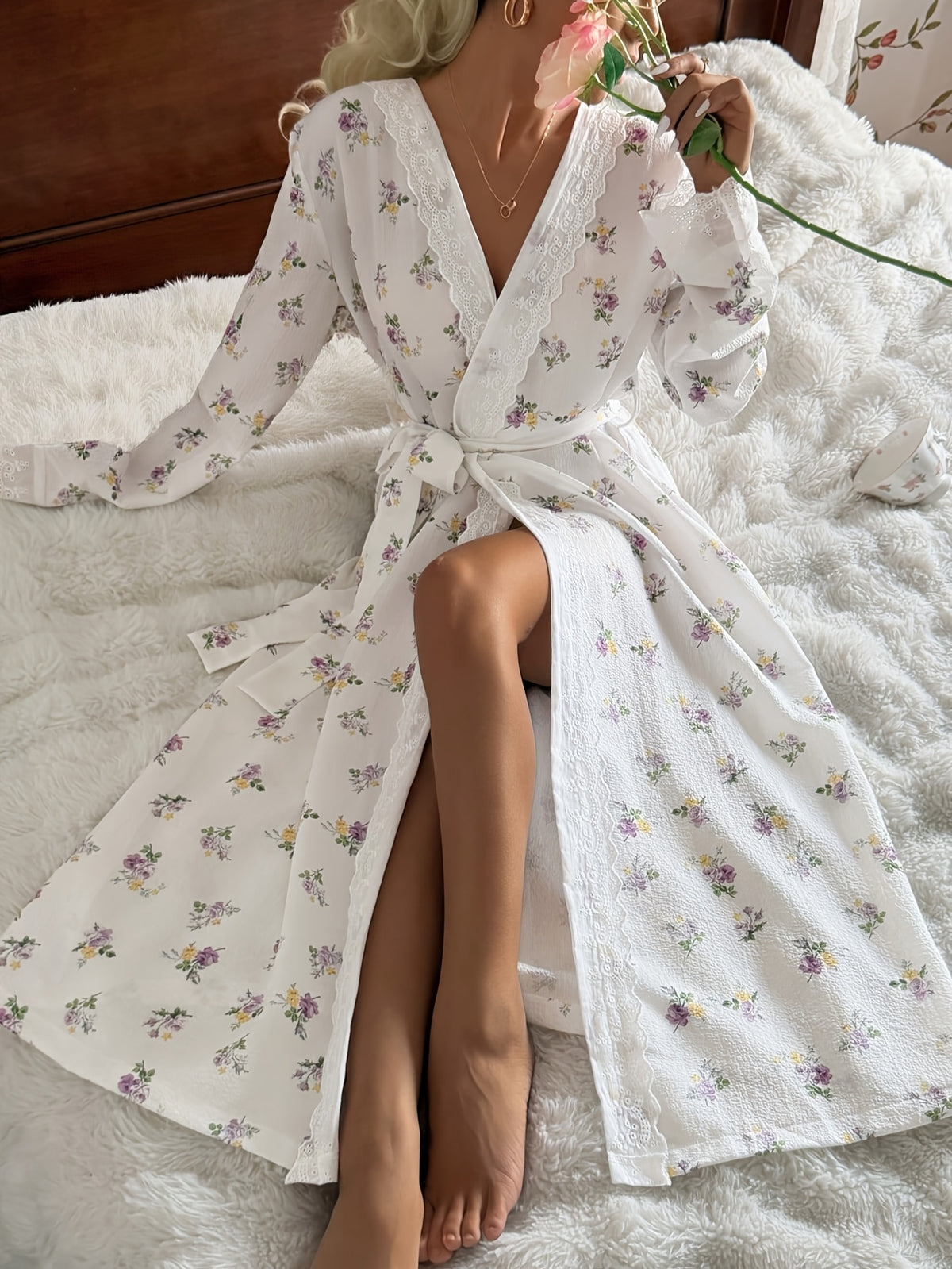 Women's ivory floral lace trim dressing gown