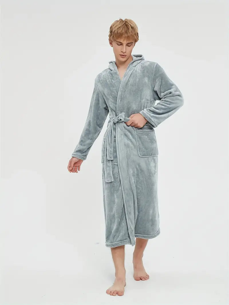 Men's hooded fleece bathrobe, charcoal