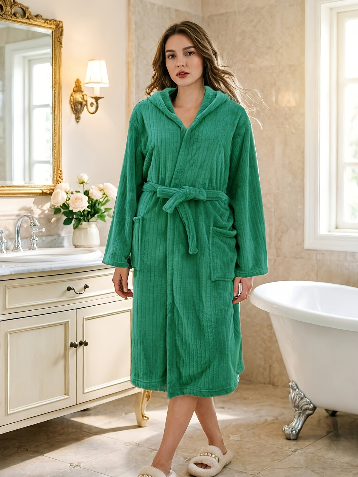 Unisex hooded ribbed bathrobe